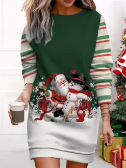 Women's Christmas Casual Dress Sweatshirt Dress Mini Dress Warm Fashion Outdoor Vacation Crew Neck Print Santa Claus Snowman Loose Fit ArmyGreen Red Navy Blue S M L XL XXL -Fashion Life Shop tppnar1695365305070