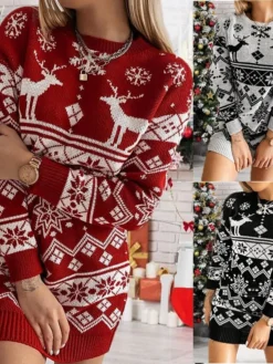 Women‘s Christmas Sweater Dress Winter Dress Knit Dress Black Red Gray Long Sleeve Elk Tree Snowflake Patchwork Print Winter Fall Turtleneck Casual Winter Dress Fall Dress Loose Fit 2022 S M L XL XXL