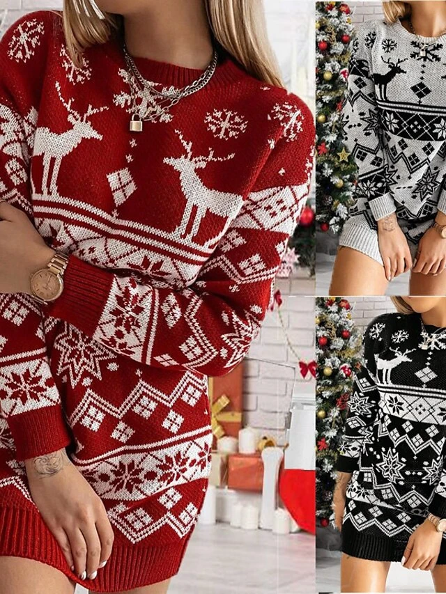 Women‘s Christmas Sweater Dress Winter Dress Knit Dress Black Red Gray Long Sleeve Elk Tree Snowflake Patchwork Print Winter Fall Turtleneck Casual Winter Dress Fall Dress Loose Fit 2022 S M L XL XXL 1 Women‘s Christmas Sweater Dress Winter Dress Knit Dress Black Red Gray Long Sleeve Elk Tree Snowflake Patchwork Print Winter Fall Turtleneck Casual Winter Dress Fall Dress Loose Fit 2022 S M L XL XXL