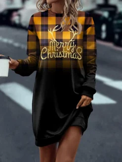 Women's Sweatshirt Dress Casual Dress Mini Dress Warm Fashion Outdoor Christmas Vacation Crew Neck Print Deer Regular Fit Yellow Red Blue S M L XL XXL -Fashion Life Shop tpvhuf1697541062691