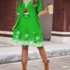 Women's Casual Dress Christmas Dress Winter Dress Snowflake Patchwork Print V Neck Midi Dress Fashion Streetwear Outdoor Christmas Half Sleeve Regular Fit Green Fall Winter S M L XL XXL