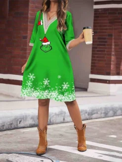 Women's Casual Dress Christmas Dress Winter Dress Snowflake Patchwork Print V Neck Midi Dress Fashion Streetwear Outdoor Christmas Half Sleeve Regular Fit Green Fall Winter S M L XL XXL