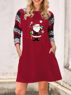 Women's Christmas Casual Dress T Shirt Dress Tee DressShort Mini Dress Wine Grey Black Long Sleeve Santa Claus Snowflake Pocket Print Fall Winter Crew Neck Casual Modern 2022 S M L XL 2XL 3XL 4XL -Fashion Life Shop tubewd1665658260959