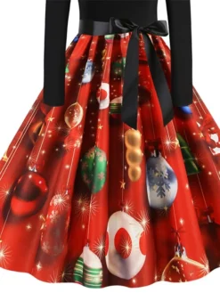 Women's Christmas Swing Dress Vintage Dress Mini Dress Black Long Sleeve Print Bow Print Winter Fall Crew Neck Vintage Romantic Traditional 2022 S M L XL 2XL -Fashion Life Shop tueceq1666676125826