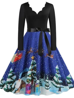 Women's Christmas Casual Dress Swing Dress Midi Dress Blue Purple Royal Blue Light Blue White Long Sleeve Santa Claus Elk Tree Bow Print Winter Fall V Neck Vacation Vintage 2022 S M L XL -Fashion Life Shop tvgltj1666927316982