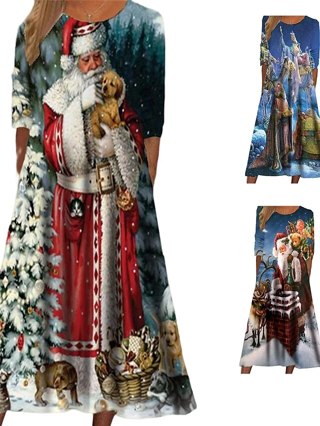Women's Christmas Casual Dress Swing DressMidi Dress Blue Royal Blue Red Long Sleeve Santa Claus Snowflake Pocket Print Fall Winter Round Neck Vacation Casual 2022 S M L XL XXL 3XL 1 Women's Christmas Casual Dress Swing DressMidi Dress Blue Royal Blue Red Long Sleeve Santa Claus Snowflake Pocket Print Fall Winter Round Neck Vacation Casual 2022 S M L XL XXL 3XL