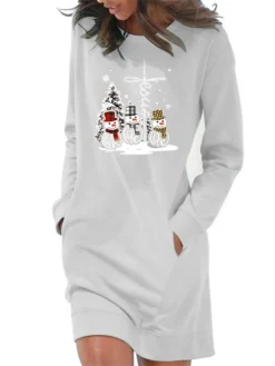 Women's Casual Dress Sweatshirt Dress Winter Dress Mini Dress Light Blue White Grey Long Sleeve Snowman Pocket Fall Winter Autumn Crew Neck Stylish Christmas Loose Fit 2023 S M L XL 2XL -Fashion Life Shop twkjyr1666927512502