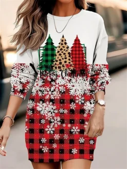 Women's Christmas Casual Dress Sweatshirt Dress Mini Dress Warm Fashion OutdoorVacation Crew Neck Print GeometricTree Snowflake Loose Fit Yellow Wine Green S M L XL XXL