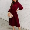 Women's Work Dress Shift Dress Church Dress Midi Dress Red Wine Green Long Sleeve Pure Color Lace Up Summer Spring Crew Neck Basic Christmas Fall Dress Loose Fit 2023 S M L XL
