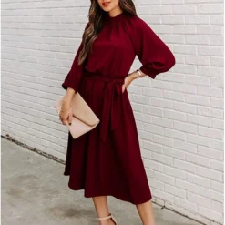 Women's Work Dress Shift Dress Church Dress Midi Dress Red Wine Green Long Sleeve Pure Color Lace Up Summer Spring Crew Neck Basic Christmas Fall Dress Loose Fit 2023 S M L XL
