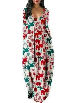 Women's Christmas Swing Dress Green Wine Light Red Long Sleeve Snowman Print Winter Fall Autumn Deep U Modern Weekend 2022 S M L XL 2XL 3XL -Fashion Life Shop txvvhj1667980520363