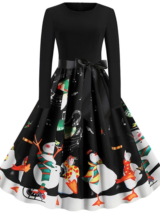 Women's Christmas Knee Length Dress Blue Purple Wine Gray Green Black Red Light Blue Long Sleeve Print Bow Print Fall Winter Round Neck Casual Vintage2021 S M L XL XXL 15 Women's Christmas Knee Length Dress Blue Purple Wine Gray Green Black Red Light Blue Long Sleeve Print Bow Print Fall Winter Round Neck Casual Vintage2021 S M L XL XXL - Image 15