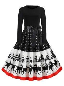 Women's Christmas Retro 1950s Vintage Dress Midi Dress Party Ruched Bow Elk Crew Neck Long Sleeve Regular Fit Fall Winter 2023 Black S M L XL