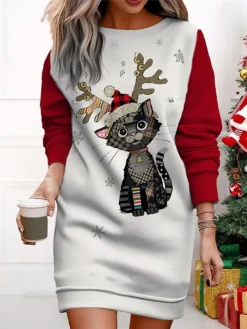 Women's Christmas Casual Dress Sweatshirt Dress Mini Dress Warm Fashion OutdoorVacation Crew Neck Print Animal Loose Fit Black Yellow Red S M L XL XXL -Fashion Life Shop tyziel1695365431467