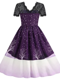 Women's Christmas Knee Length Dress Blue Purple Wine Green Black Red Short Sleeve Print Lace Print Fall Winter Round Neck CasualRegular Fit 2021 S M L XL XXL 3XL -Fashion Life Shop tziefd1632737573379
