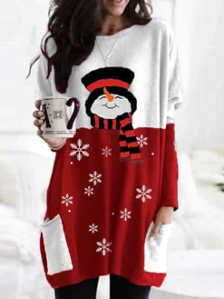 Women's Christmas Casual Dress T Shirt Dress Tee Dress Shift Dress Mini Dress Wine Long Sleeve Snowman Pocket Winter Fall Autumn Crew Neck Vacation Loose Fit 2022 S M L XL XXL 3XL / Print