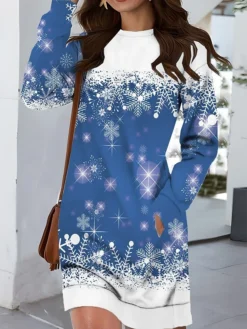 Women‘s Christmas Casual Dress Sweatshirt Dress Mini Dress Warm Fashion Outdoor Vacation Crew Neck Pocket Print Geometric Snowman Loose Fit Wine Navy Blue Royal Blue S M L XL XXL -Fashion Life Shop uawyjp1695027782543