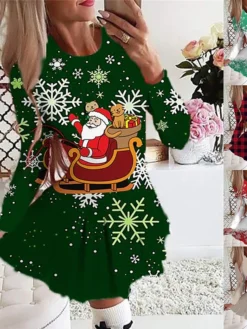 Women's Christmas Swing DressShort Mini Dress Green Dark Green Fuchsia Red Beige Long Sleeve Plaid Santa Claus Elk Pleated Print Fall Winter Crew Neck Stylish Romantic 2022 S M L XL