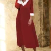 Women's Christmas Dress Casual Dress Winter Dress Midi Dress Patchwork Outdoor Christmas Daily Fashion Streetwear V Neck Long Sleeve 2023 Regular Fit Wine Color S M L XL XXL Size