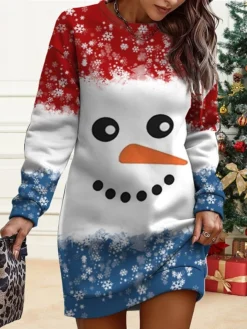 Women's Christmas Casual Dress Sweatshirt Dress Mini Dress Warm Fashion OutdoorVacation Crew Neck Print Santa Claus Snowman Loose Fit Black White Burgundy S M L XL XXL