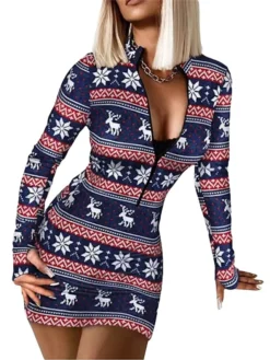 Women's Christmas Bodycon Sheath DressShort Mini Dress Dark Blue Red Brown Long Sleeve Elk Snowflake Zipper Print Fall Winter V Neck Stylish Casual Modern 2022 S M L XL XXL 3XL -Fashion Life Shop ucyjtw1663726283069 1