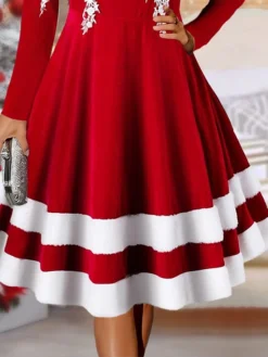 Women's Christmas Dress Winter Dress Casual Dress Midi Dress Lace Patchwork Christmas Daily Date Fashion Streetwear Off Shoulder 3/4 Length Sleeve 2023 Regular Fit Burgundy Color S M L XL XXL Size -Fashion Life Shop udsmsd1697190956647