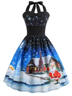 Women's Christmas Swing Dress Vintage Dress Midi Dress Blue Purple Fuchsia Red Sleeveless Santa Claus Backless Print Winter Fall Halter Neck Vacation Stylish Elegant 2022 S M L XL XXL -Fashion Life Shop ufygmg1666168098843