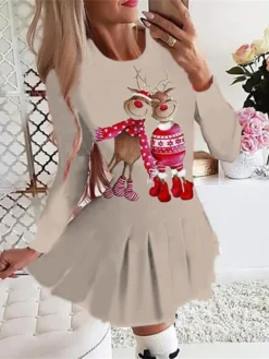Women's Christmas Swing DressShort Mini Dress Green Dark Green Fuchsia Red Beige Long Sleeve Plaid Santa Claus Elk Pleated Print Fall Winter Crew Neck Stylish Romantic 2022 S M L XL -Fashion Life Shop ufzsdj1665485272641