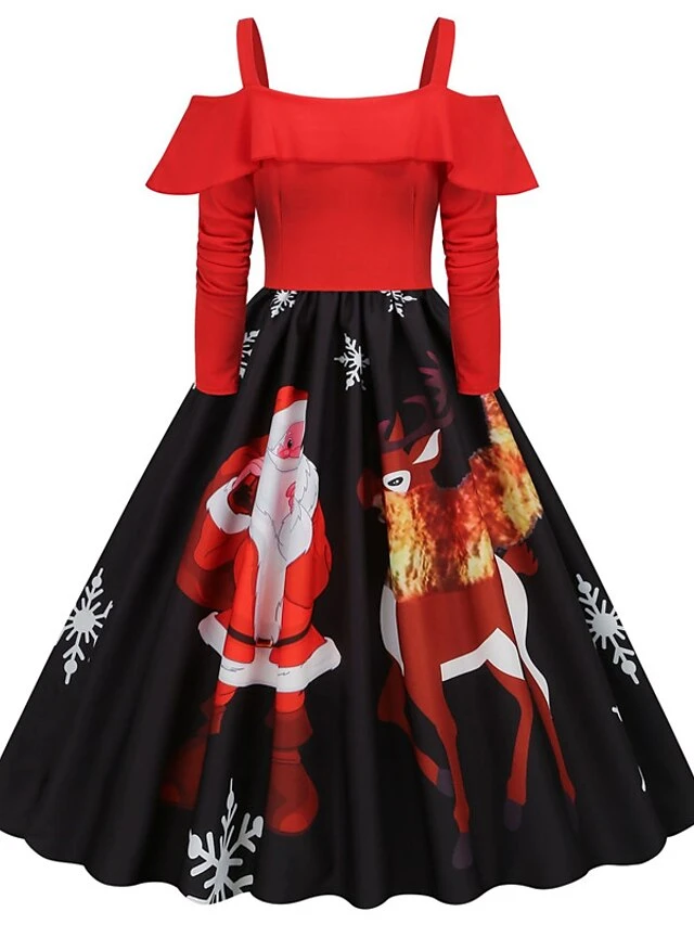 Women's Christmas Vintage DressKnee Length Dress Wine Light Red Red White Black Long Sleeve Santa Claus Elk Snowman Cold Shoulder Print Fall Winter Spaghetti Strap Vacation Vintage 2022 3 Women's Christmas Vintage DressKnee Length Dress Wine Light Red Red White Black Long Sleeve Santa Claus Elk Snowman Cold Shoulder Print Fall Winter Spaghetti Strap Vacation Vintage 2022 - Image 3