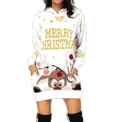 Women‘s Christmas Hoodie Dress Winter DressShort Mini Dress Red Black Long Sleeve Elk Tree Pocket Fall Winter Hooded Stylish Modern Loose Fit 2022 S M L XL XXL 3XL -Fashion Life Shop ugjppu1668150193378