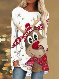 Women's Casual Dress T Shirt Dress Tee Dress Shift Dress Mini Dress White Long Sleeve Animal Print Winter Fall Spring Crew Neck Fashion Christmas Daily 2022 S M L XL XXL 3XL