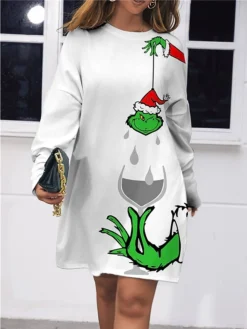 Women's Christmas Dress Sweatshirt Dress Mini Dress Warm Fashion Outdoor Christmas Holiday Crew Neck Pocket Print Print Monster Loose Fit White S M L XL XXL