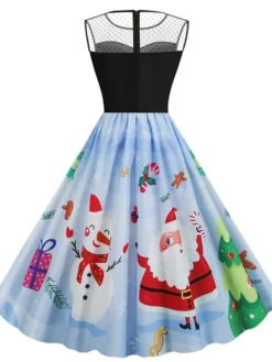 Women's Christmas Casual Dress Swing Dress Midi Dress Blue Royal Blue Dark Blue Light Blue Sleeveless Santa Claus Snowman Mesh Print Winter Fall Crew Neck Vacation Vintage 2022 S M L XL XXL -Fashion Life Shop uijxbm1666597367817