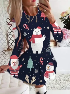 Women's Christmas Swing DressShort Mini DressShort Mini Dress Light Yellow Purple Dark Blue Orange Red Long Sleeve Plaid Snowman Tree Pleated Print Fall Winter Crew Neck Stylish Romantic -Fashion Life Shop uivetf1665307937195