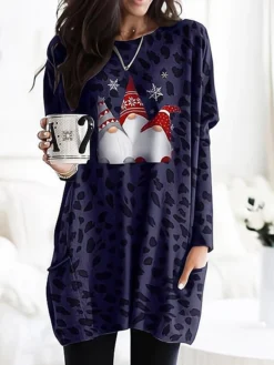 Women's Casual Dress Christmas Dress Print Dress Leopard Santa Claus Pocket Print Crew Neck Mini Dress Active Fashion Christmas Daily Long Sleeve Loose Fit Red Purple Green Fall Winter S M L XL XXL -Fashion Life Shop uixqni1694065944224