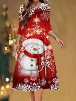 Women's Christmas Casual Dress Shift Dress Midi Dress Red 3/4 Length Sleeve Snowman Ruched Winter Fall Autumn Fashion Christmas Daily 2022 S M L XL XXL 3XL