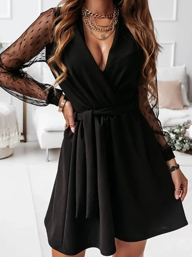 Women's Lace Dress Black Dress Plain Dress Mini Dress Patchwork With Belt Party Christmas Date Basic Elegant V Neck Long Sleeve Mesh Regular Fit Black Red Dark Green Color S M L XL XXL Size 9 Women's Lace Dress Black Dress Plain Dress Mini Dress Patchwork With Belt Party Christmas Date Basic Elegant V Neck Long Sleeve Mesh Regular Fit Black Red Dark Green Color S M L XL XXL Size - Image 9