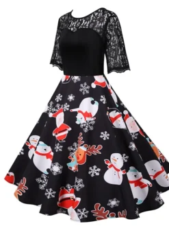 Women's Christmas Casual Dress Swing Dress Midi Dress Black Short Sleeve Santa Claus Snowman Snowflake Lace Winter Fall Crew Neck Vintage Elegant Casual 2022 S M L XL 2XL 3XL / Black Dress