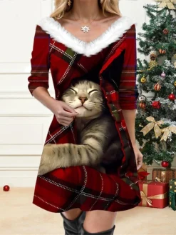 Women's Casual Dress Christmas Dress Winter Dress Plaid Cat Print V Neck Mini Dress Active Fashion Outdoor Christmas Long Sleeve Regular Fit Wine Fall Winter S M L XL XXL