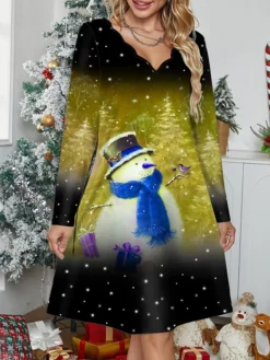 Women's Casual Dress Christmas Dress Winter Dress Snowman Christmas Tree Print Scalloped Neck Mini Dress Fashion Streetwear Outdoor Christmas Long Sleeve Regular Fit Yellow Wine Blue Fall Winter S M -Fashion Life Shop ujqfkq1697613021816