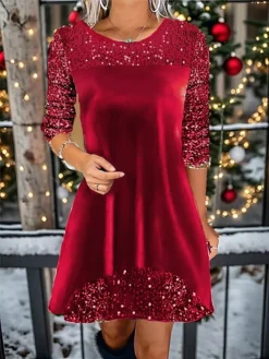 Women's Christmas Dress Velvet Dress Casual Dress Mini Dress Sequins Patchwork Outdoor Christmas Daily Fashion Modern Crew Neck Long Sleeve 2023 Regular Fit Wine Gold Color S M L XL XXL Size -Fashion Life Shop ukpqnz1697095882154