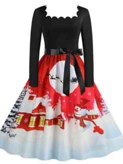 Women's Christmas Casual Dress Vintage Dress Midi Dress Black Blue Wine Long Sleeve Santa Claus Bow Winter Fall Spring Square Neck Vacation Christmas Daily Vacation 2022 S M L XL XXL 3XL -Fashion Life Shop uksckp1667637130473