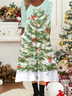 Women's Christmas Casual Dress Shift Dress Midi Dress Midi Dress Green Blue Wine 3/4 Length Sleeve Plaid Ruched Winter Fall Autumn Round Neck Fashion Daily 2022 S M L XL XXL 3XL