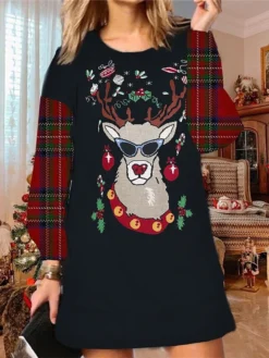 Women's Christmas Ugly Sweatshirt Dress Shift Dress Mini Dress Green Black Red Long Sleeve Santa Claus Print Winter Fall Autumn Fashion Daily 2022 S M L XL XXL 3XL -Fashion Life Shop unoycn1667986005127