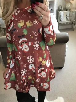 Women's Casual Dress Christmas Dress A Line Dress Animal Floral Print Crew Neck Mini Dress Fashion Ugly Outdoor Christmas Long Sleeve Regular Fit Black Yellow Red Fall Winter S M L XL XXL