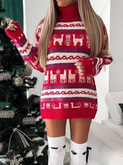 Women‘s Christmas Sweater Dress Jumper Dress Winter Dress Fashion Ugly Christmas Christmas Daily Vacation Going Out Turtleneck Long Sleeve Patchwork 2023 Loose Fit Red Gray S M L XL -Fashion Life Shop untnln1694601204663