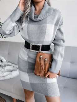 Women‘s Christmas Sweater Dress Winter Dress Sheath Dress Blue Wine Khaki Gray Long Sleeve Plaid Color Block Patchwork Winter Fall Turtleneck Casual S M L -Fashion Life Shop uoanic1634118524150