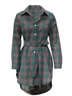 Women's Casual Dress Christmas Dress Shirt Dress Plaid Belted Asymmetrical Shirt Collar Mini Dress Fashion Streetwear Party Christmas Long Sleeve Regular Fit White Red Green Fall Winter S M L XL XXL -Fashion Life Shop uofjeo1694499990409