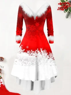 Women's Christmas Swing Dress Vintage Dress Midi Dress Green Silver Wine Red Brown White Long Sleeve Print Plus High Low Print Winter Fall V Neck Vintage Romantic Traditional 2022 S M L XL 2XL