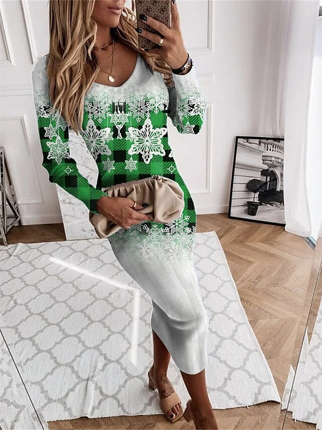 Women‘s Christmas Sweater Dress Jumper Dress Winter Dress Warm Plaid Snowflake Outdoor Christmas Daily Holiday V Neck Long Sleeve 2023 Regular Fit Wine Blue Green S M L XL XXL 3XL 2 Women‘s Christmas Sweater Dress Jumper Dress Winter Dress Warm Plaid Snowflake Outdoor Christmas Daily Holiday V Neck Long Sleeve 2023 Regular Fit Wine Blue Green S M L XL XXL 3XL - Image 2